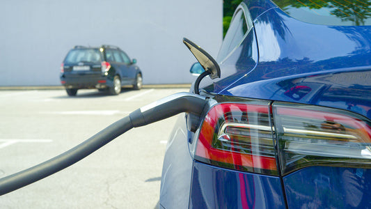 A Tesla Model 3 parked on a sunny Sherman Oaks street lined with palm trees