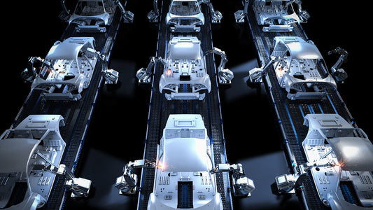 Cutaway diagram of a car front end showing the crumple zone, rigid safety cage, and the bumper and windshield locations where crash sensors and cameras mount
